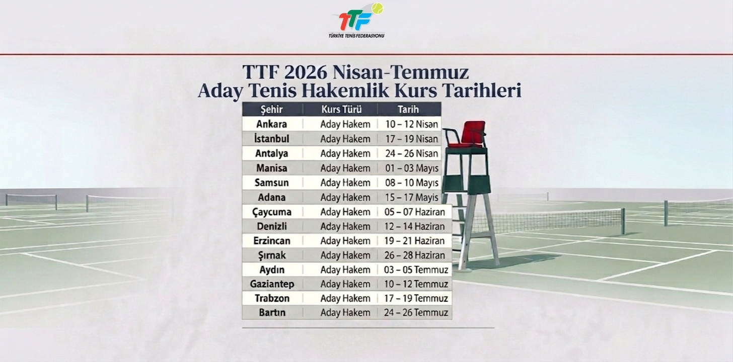 Türkiye Tenis Federasyonu'nun Nisan-Temmuz ayları arasında gerçekleştireceği Hakemlik Kursu tarihleri aşağıdaki şekildedir.