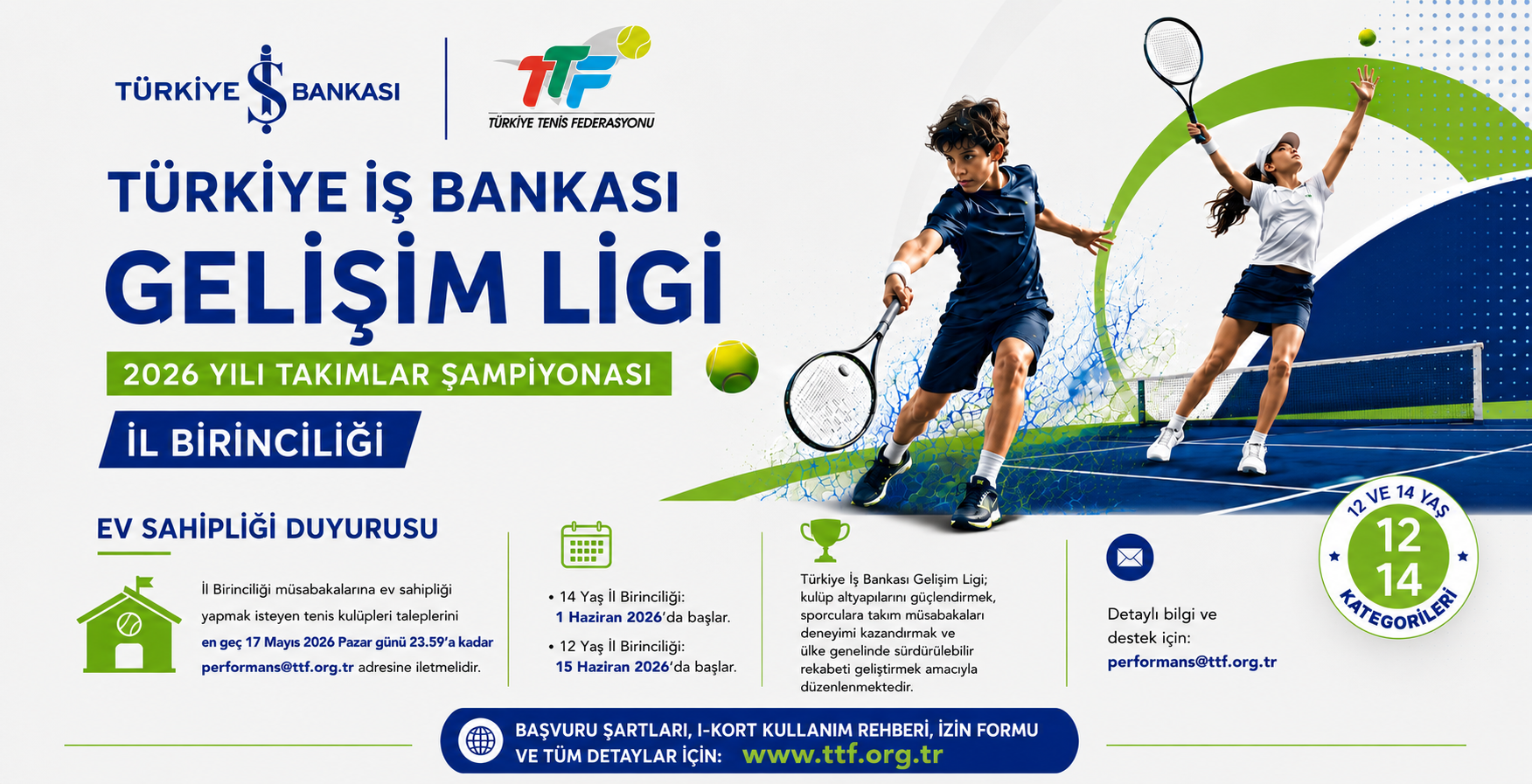 2026 Türkiye İş Bankası Gelişim Ligi kapsamında düzenlenecek olan İl Birinciliği müsabakalarına ev sahipliği yapmak isteyen tenis kulüplerinin, taleplerini en geç 15 Mayıs 2026 tarihine kadar performans@ttf.org.tr adresine e-posta yoluyla iletmeleri gerekmektedir.