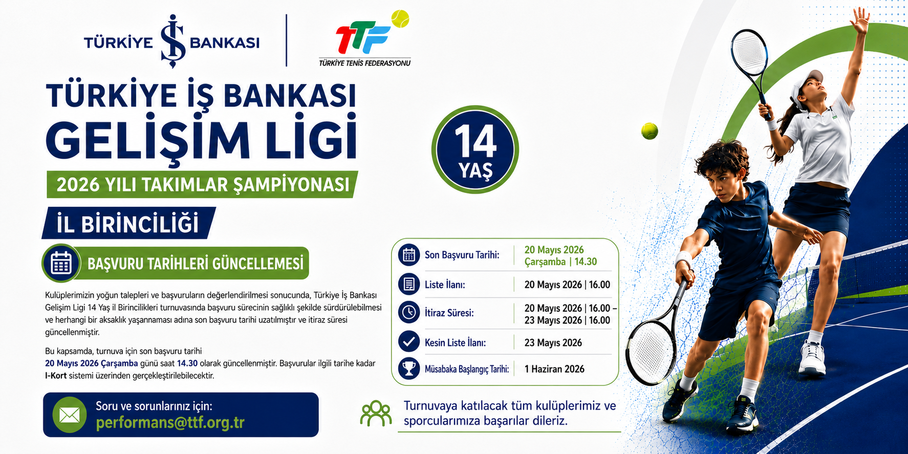 Kulüplerimizin yoğun talepleri ve başvuruların değerlendirilmesi sonucunda, Türkiye İş Bankası Gelişim Ligi 14 Yaş İl Birincilikleri turnuvasında başvuru sürecinin sağlıklı şekilde sürdürülebilmesi ve herhangi bir aksaklık yaşanmaması adına son başvuru tarihi uzatılmıştır ve itiraz süresi güncellenmiştir.