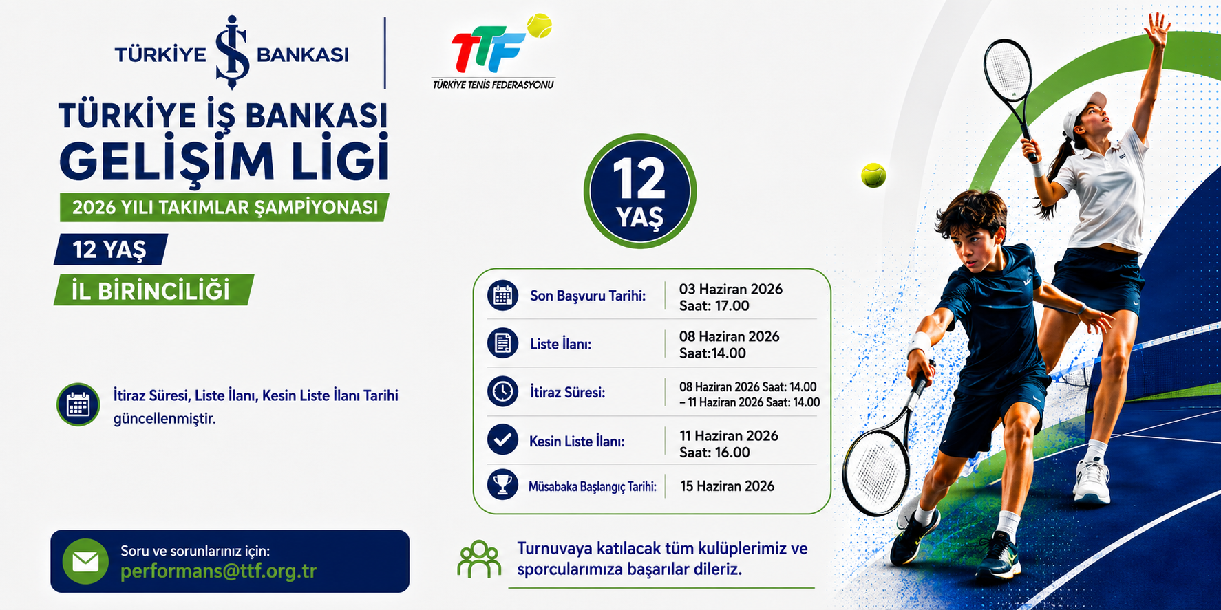 Kulüplerimizin talepleri ve başvuruların değerlendirilmesi sonucunda, Türkiye İş Bankası Gelişim Ligi 12 Yaş İl Birinciliği organizasyonuna ilişkin bazı süreçlerde güncelleme yapılmıştır.