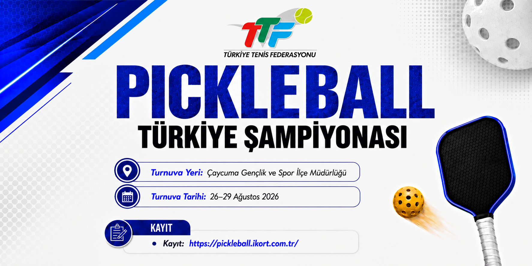 Pickleball Türkiye Şampiyonası Turnuvası Çaycuma Gençlik ve Spor İlçe Müdürlüğü’nde ev sahipliğinde düzenlenecektir.